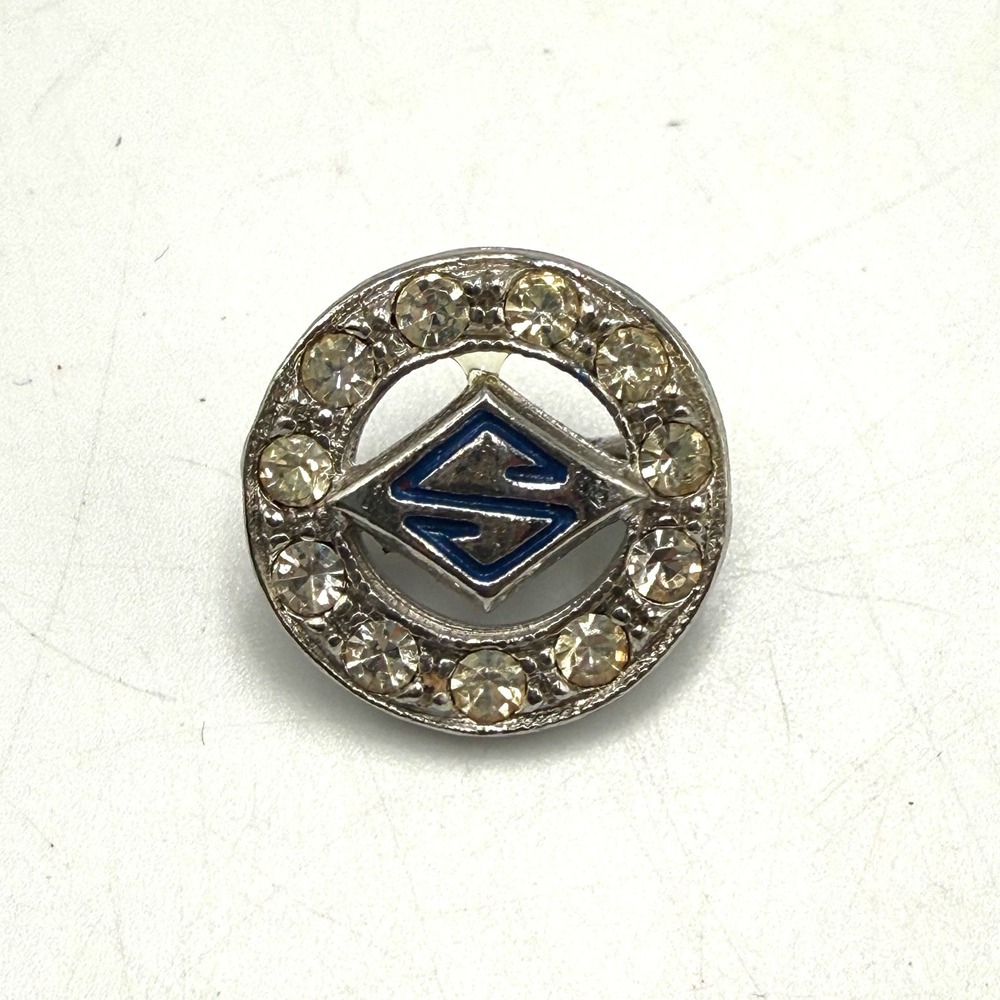 Vintage Silver Tone Blue Enamel S Logo Rhinestone Circle Brooch Pin 0.75 Inch